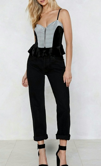 Bodysuit Velvet Zip Peplum Black White US Size 4 - Picture 2 of 6